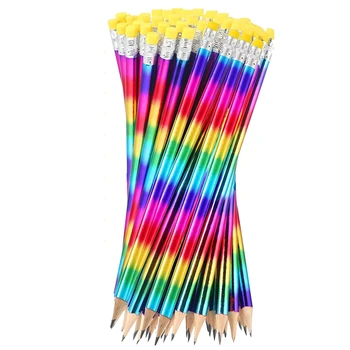144Pcs Curcubeu Creioane colorate Pentru Copii Lemn Colorat Creioane Rotunde Creioane Cu Radieră Pentru Copii Acasa, Birou, Scoala