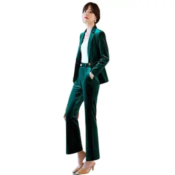 2 Buc Catifea De Afaceri Pantaloni Notch Rever Femei Costum De Birou Verde Formale Doamnelor Munca Purta Sacou Costum Costum Personalizat