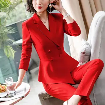 2019 Toamna Iarna Nou-Coreean Roșu Subțire De Afaceri Sacou + Pantaloni 2 Două Bucata Set De Birou Femei Lady Dintata Sacou Pantaloni Costume