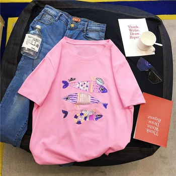 2019 Vară Casual Pentru Femei Tricou Broderie Cu Paiete, Harajuku Pești Mici Familie, Pink Lady Teuri Liber Maneci Scurte Sălbatice Topuri De Sex Feminin