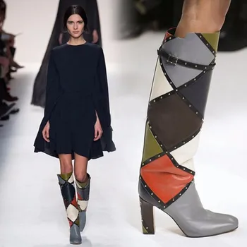 2021 Primăvară Nouă de Brand pentru Femei Cizme Lungi de Culori Amestecate Cizme Genunchi Ridicat Grilă Toc Pătrat Noapte Cizme Botines Mujer Pantofi Botas'