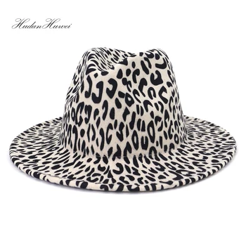 2021 Ridicata de Imprimare Leopard tv cu Streașină Largă Britanic de Lână Simțit Fedora Hat pentru Femei, Bărbați la Modă Lepord Rosu Mozaic Pălărie