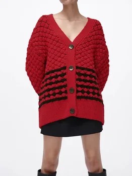 2021 Toamna și Iarna Femei Mediu și Lung Pulover Roșu Strat Tricotate Cardigan
