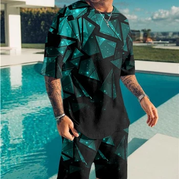 2022 Bărbați Seturi de Vara cu Maneci Scurte T-Shirt 2 Bucata Costum de Moda Streetwear Imprimare 3D Sport pantaloni Scurți de Plajă Trening Haine de sex Masculin