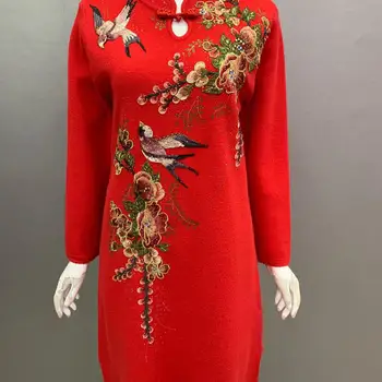 2022 chineză imrpoved qipao rochie din tricot național de broderie flori elegant cheongsam oriental pulover tricotate pulover rochie