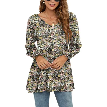 2022 Noi De Toamna Pentru Femei Elegant Florale Imprimate T-Shirt Strada Mâneci Lungi Doamnelor V Gât Tunica Casual Pulover Bluza Vrac Topuri