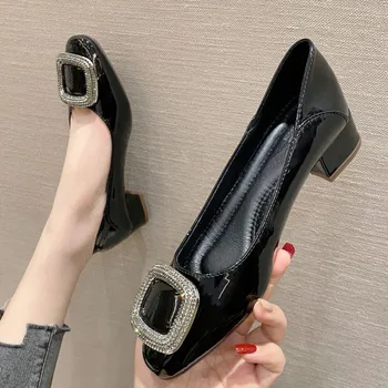 2022 Nou Stil de Femei Tocuri inalte Pantofi Deget de la picior Pătrat de Metal Buton PU Casual, Office Doamnelor Petrecere de Nunta Pantofi de Femeie Pompe Negru