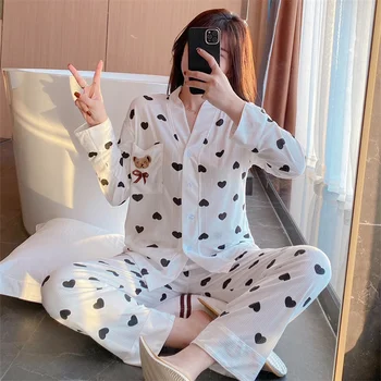 2022 Nouă Primăvară Toamna cu Maneca Lunga de Bumbac Imprimare Seturi de Pijama pentru Femei coreene Sleepwear Costum de Pijama Homewear Pijama Mujer Haine