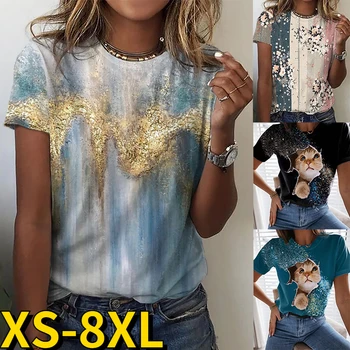 2022 Pisica Drăguț de Imprimare T-shirt Femei de Moda Pulover Maneca Scurta Guler Rotund Tricou de Vara Casual Ladies Slăbiți Tee Topuri