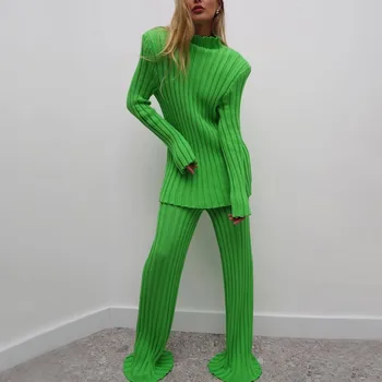 2022 Toamna Iarna Cu Maneca Lunga Pulover De Sus Verde Și Pantaloni Tricotate Casual Femei Din Două Piese Set Kaki Costum De Moda