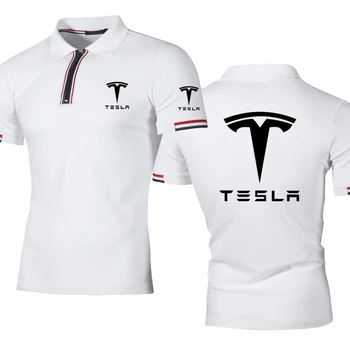 2022 Tricou Polo Barbati, Tesla Logo-ul de Imprimare Tricou pentru Masina, cu Dungi de Culoare Solidă, de Înaltă Calitate, din Bumbac, cu Maneci Scurte Sus