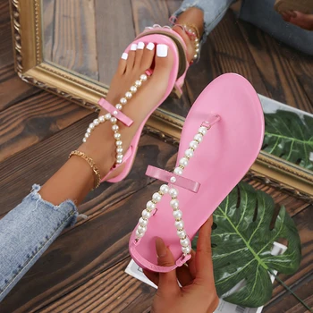 2022 Vara Femei Sandale Plate Clip-toe Pearl Șir Sandale Plus Dimensiunea Femei Pantofi 43 Trendy Plaja Roz Pantofi Slip-On