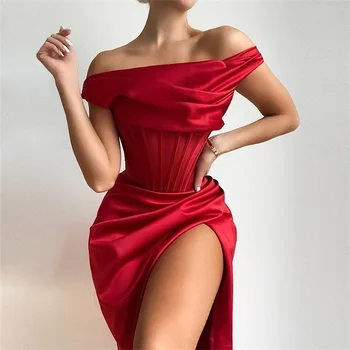 2022 Vara Noi Femei de Moda Elegant Corset Rosu Rochie din Satin cu Fantă Solidă fără Mâneci fara Spate Sexy Club Rochii de Petrecere