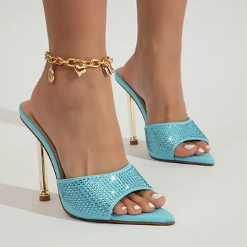 2023 Sexy Degetul Ascutit Tocuri Subtiri De Mare Albastru Stras Papuci De Moda De Vara Aluneca Pe Slide-Uri De Femei Catâri Petrecere Pantofi Sandale