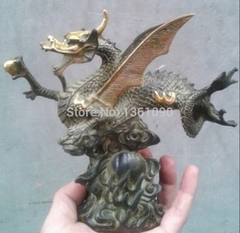 23CM Norocos Chineză Fengshui Bronz Aurit Dragon Statuie