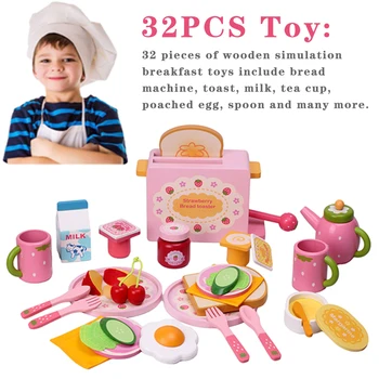 32PCS Bucătărie Casă de Joacă Jucărie Set de Simulare Bucătărie Serie Montessori din Lemn de Alimente Prăjitor de pâine Jucarii Clasic Joc de Gatit