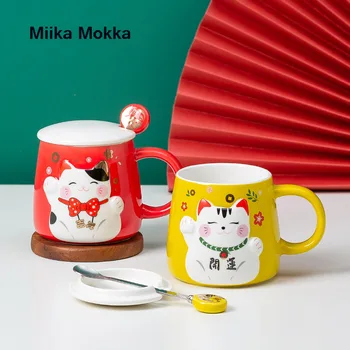 380ML Creative Cat Noroc Cana Ceramica Stil Festiv Cafea Cana de Ceai Ceașcă Cuplu Drăguț Cani de Lapte Cani cu Capac Lingura Japonia Stil