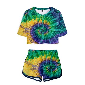 3D Tie Dye Flashback-uri Femei Seturi Colorate Psihedelice Buric maneca scurta Tricou + Pantaloni scurti de Vara din două piese set haine pentru femei