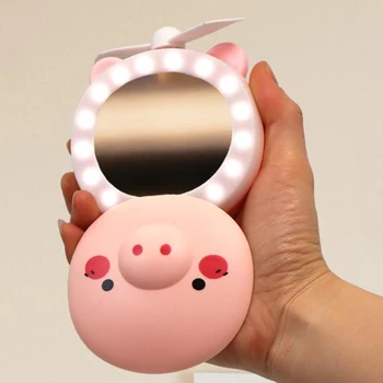 3in1 de Desene animate Drăguț de Porc Mini Oglindă Cosmetică Compact Portabil de Buzunar Machiaj Oglinzi Ventilatorului de Răcire de Lumină Portabile USB Reîncărcabilă