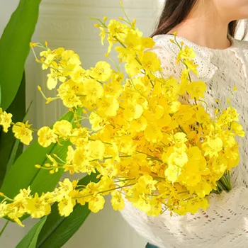 5-Furcă Dans Orhidee Imitație De Flori 3-Furcă Galben Wenxinlan Nunta Flori Artificiale Acasă Decor De Flori De Mătase Ornament