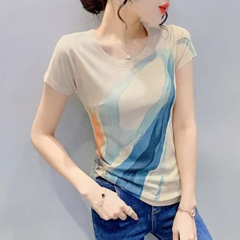 #5145 Femei T Shirt Tie Dye Tipărite Moda coreeană Subțire de Bază Tricou Femei O-gât Slab cu Maneci Scurte T-shirt Alb, Kaki