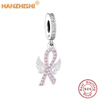 925 Sterling Silver Pink Ribbon Legăna Margele Aripi Farmecul Original se Potrivesc Brățară Colier Bijuterii Berloque pentru Femei, Barbat