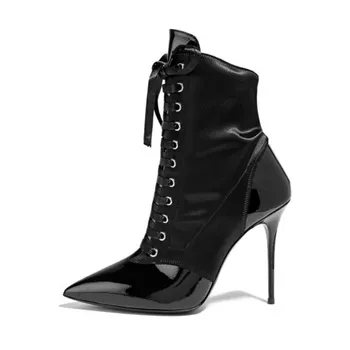 A subliniat Toe cu Toc Subtire Neagra Dantela-up Cizme pentru Femei Cizme Scurte 2021 Iarna Moda Tocuri inalte Sexy Lady Pantofi Botine Pompe