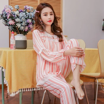 Acasă purta dungi roz cu dantela de bumbac pijama femei cu mâneci lungi de primăvară și de vară subțire coreean liber casual de dimensiuni mari halat de baie