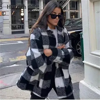 Alb-negru Carouri Overshirt Jacheta 2021 Vintage de Toamna Iarna Haine Calde pentru Femei Casual Streetwear Maneca Lunga Uza