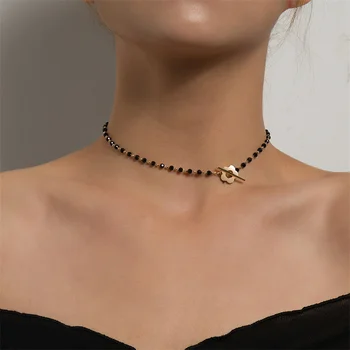 AOMU 2022 Noua Moda de Lux Cristal Negru Șirag de mărgele de Sticlă Lanț Cravată Colier Pentru Femei Flori Arcan Blocare Colier Guler Cadouri