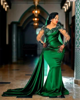 Arabă Aso Ebi Verde Sirena Rochii de Bal Aplicatii de Dantela Gât Pur Formală Petrecere de Seara, Rochii de Detasabila Tren robe de soirée