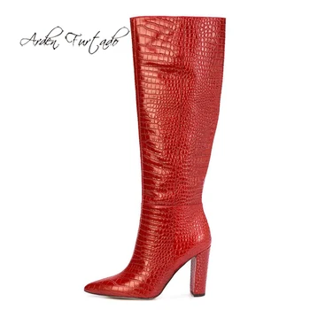 Arden Furtado Moda 2020 Pantofi pentru Femei de Iarnă a Subliniat Toe Tocuri Indesata cu Fermoar Elegant Doamnelor Cizme rosii Cizme Genunchi Ridicat 45