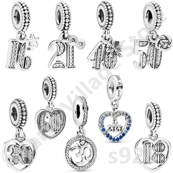 Argint 925 în Formă de Inimă Numărul Pandantiv Original Amuleta Numărul de Șirag de mărgele Pandantiv 16 18 21 30 40 50 Femei Bijuterii DIY