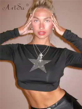 ArtSu Concis de Moda pentru Femei Mâneci Lungi cu Paiete Star Sexy Slim Crop Top Tricou 2022 Toamna Casual Streetwear Epocă ANDYTS1766