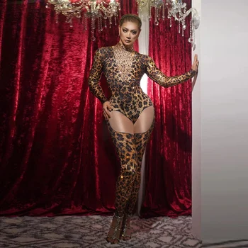 Aur Negru Strasuri Model Leopard Întinde Salopeta Pentru Femei De Ziua Sărbători Tinuta De Seara Bar Show Body Costum De Dansatoare