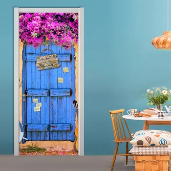 Auto-Adeziv Autocolant Usa Stil Mediteranean 3D Rose Ușa Albastră de Fundal 3D Ușa Murală Restaurant, Sala de Mese PVC Usa Poster