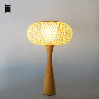 Bambus de Răchită Rattan Rotund Umbra Lampă de Masă de Fixare Art Deco Rustic Natural Birou Lumină Luminaria pentru Dormitor, Camera de zi