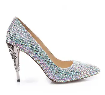 Bază de Pompe de 100mm Fier Toc Placare cu Diamante de Culoare Multi-culori Stras Nunta Pantofi Stiletto cu Tocuri Ascuțite Toe Nunta Pompa