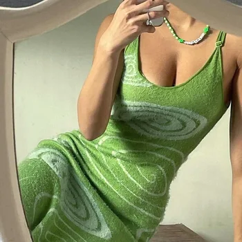Boutique Print Knit Bodycon Rochie Femei Verde De Vară Gol Afară În Aer Liber, Casual, Sexy Rochie Fără Mâneci Curea De Spaghete Femei Rochie