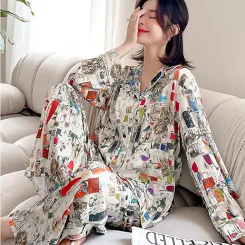 Buton-jos Pijamalele din Satin Pijamale Femei Rever Body de Vara cu Maneci Lungi 2 Buc PIJAMALE Seturi de Pijamale Imprimate Haine de Acasă