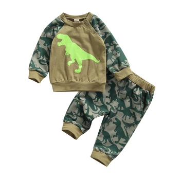 Băieți copii Haine de Primavara Toamna 2 buc Tinutele Trendy Dinozaur de Imprimare Topuri cu Maneci Lungi si Elastic Talie Pantaloni Set