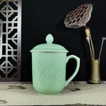 Cani de cafea Ceasca cu Capac 12oz Ceașcă de ceai în Relief cu Bambus Ceramice Drinkware Portelan Tacamuri cuptor cu Microunde și mașină de spălat Vase în condiții de Siguranță