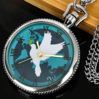 Ceas de buzunar Colier Cadou pentru Barbati Femei Creative Pace Porumbel Roman Transparent Dial Cuarț Ceas Pandantiv Lanț Relógio De Bolso