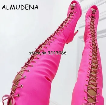 Cel mai bun-de vânzare Denim Coapsei Roșu de Mare de Moda Sexy Cizme Lungi Peep Toe Gladiator Conceput Tocuri inalte, Sandale, Cizme Peste genunchi
