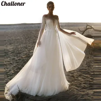 Challoner O-Gât Batwing Mâneci a-line Rochie de Mireasa Plajă Sclipici Dantela rochiei de Mireasa Personalizate Vestido De Noiva 100% Poze Reale