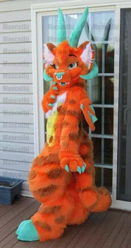 Chic Dragon Portocaliu Finalizat Fursuit Mascota Cu Blană Costum Costume Petrecere, Rochie Fancy Costume De Haine De Halloween Desene Animate În Aer Liber