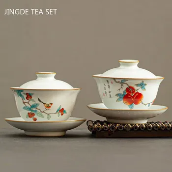 Chineză Ru Cuptor de Ceramică Gaiwan Floare și Pasăre Model Castron de Ceai Handmade Teaware Drinkware Personal Portabil Ceașcă de ceai 160ml