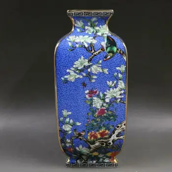 Chineză Smalț Albastru de Porțelan Aurit Floare Margine Pasăre de Design cele Patru Laturi Vaza 9.92 inch