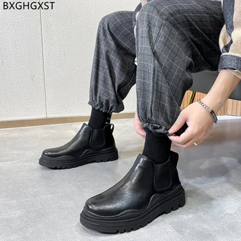 Cizme negre din Piele pentru Bărbați Încălțăminte pentru Bărbați Cizme cu Platforma Cizme Barbati Casual Motocicleta Pantofi pentru Om 2022 Chaussure Homme