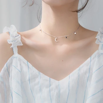 Colusiwei Star Luna Cravată Coliere pentru Femei Autentice Argint 925 Orbitor Clar CZ Scurt Colier Moda Bijuterii